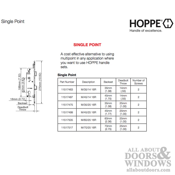 Hoppe Single Point Lock - 14mm Deadbolt Throw