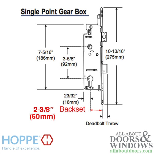 Hoppe Mortise Lock with 1 Inch Deadbolt, 60/92 SPL, Rotation Limiter