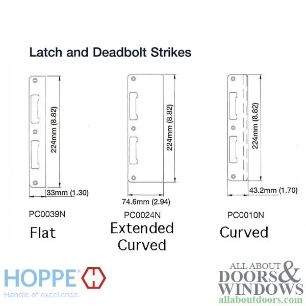 Different types of Latches and Deadbolt Strikes - Flat, Curved and Extended Curved