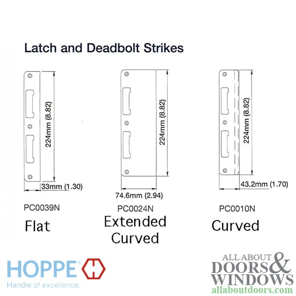 Different types of Latches and Deadbolt Strikes - Flat, Curved and Extended Curved
