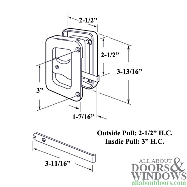 Non-Handed Latch & Pull for Sliding Screen Door - Dimensions