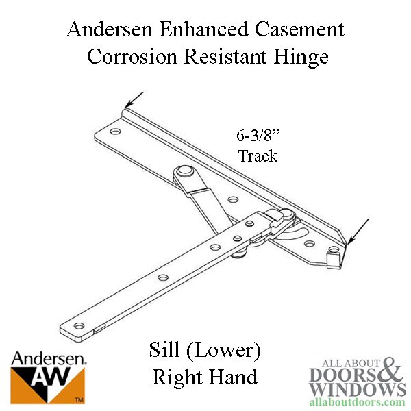 Andersen 22 Inch Enhanced Casement Corrosion Resistant Straight Arm Sill Hinge, Right - Dimensions