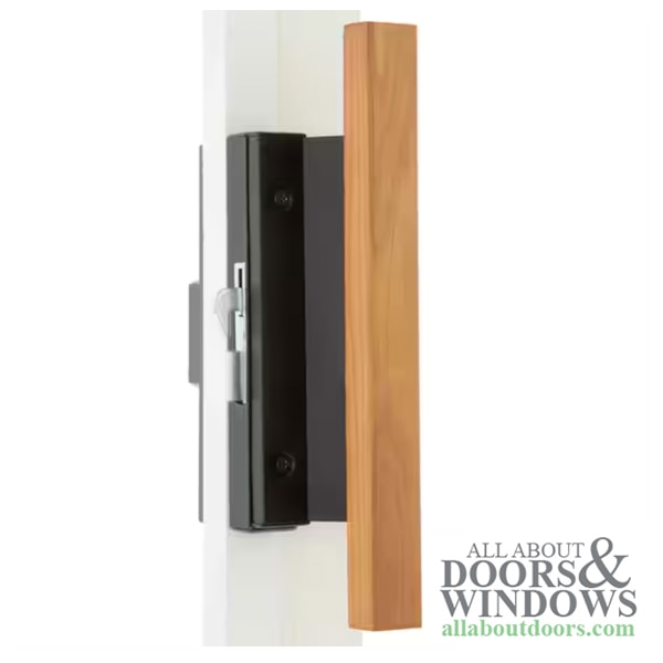 Sliding Patio Door Handle Set with Black Metal Construction and Wood Finish