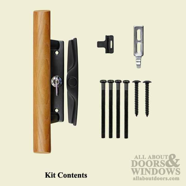 Sliding patio door handle set with internal locking mechanism, 3-15/16 inch screw hole center, black finish - Kit Contents