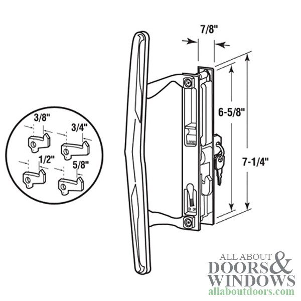 Keyed White Handle with Standard Hook for Patio Doors - Dimensional Drawing