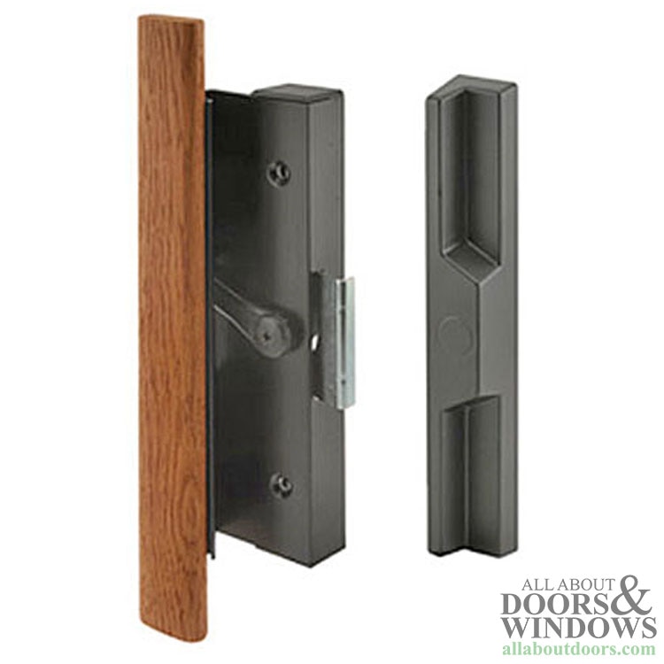 Handle Set for Sliding Patio Door - Black Aluminum and Wood Clamp Style, 4-15/16 Inch Screw Hole Center