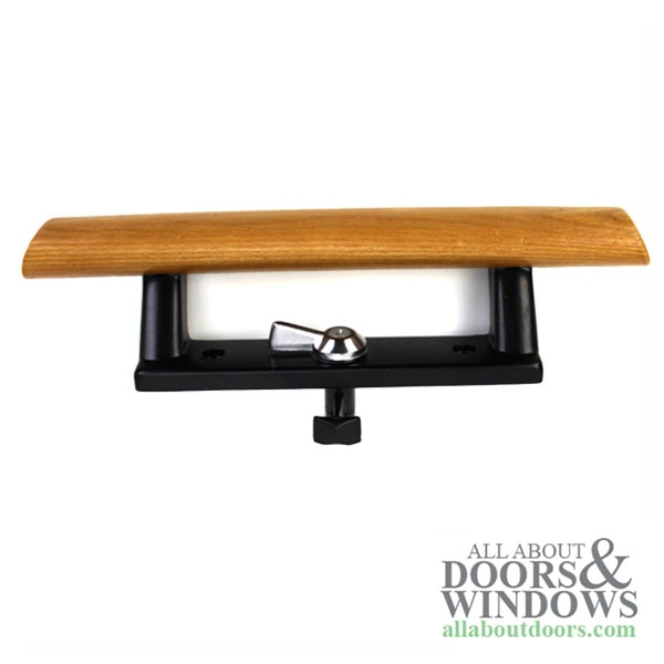 Keyed Sliding Patio Door Handle - Black Metal With Wood Trim, 3-1/2 inch Hole Center