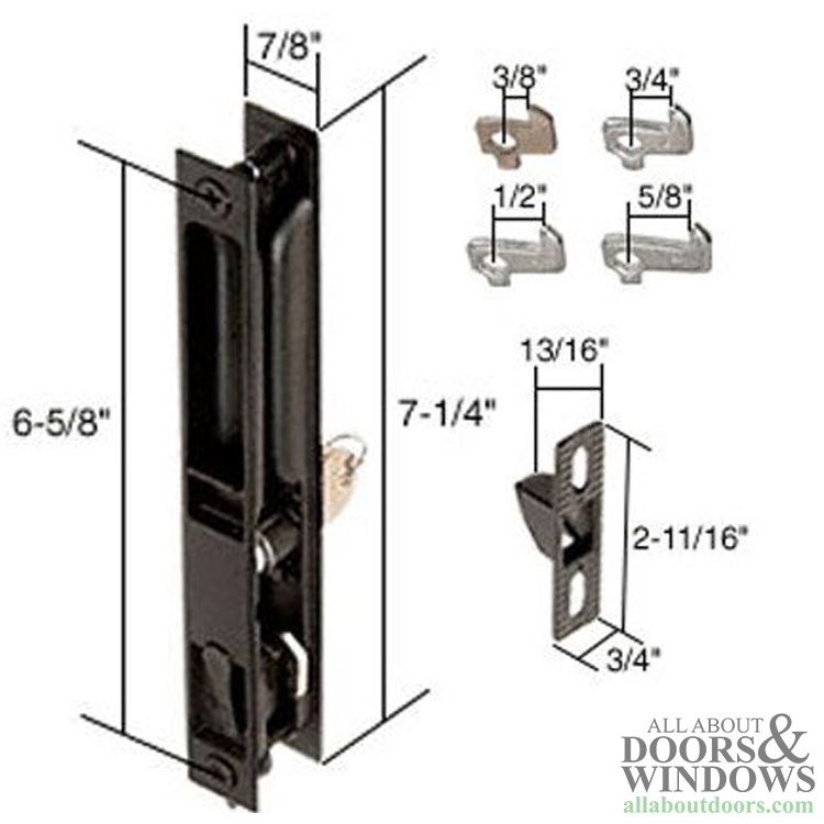 Profile dimensions of the Keyed Handle Set for Sliding Patio Door Flush Mount Hook Style Latch