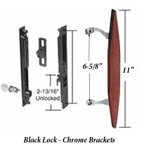 Flush mount sliding patio door handle set with wood pull and mid-body hook