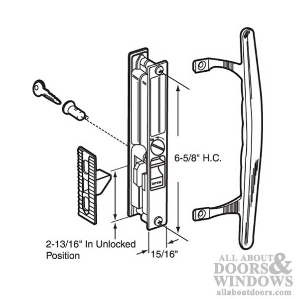 Flush mount sliding patio door handle with mid-body hook