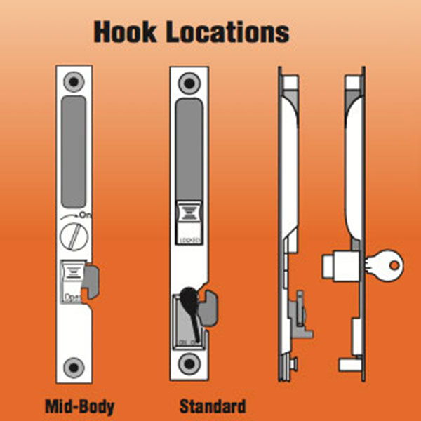 Flush mount sliding patio door handle with mid-body hook
