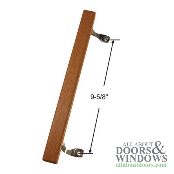 Sliding patio door handle with wood grip and metal brackets, 9-5/8 inch screw hole center