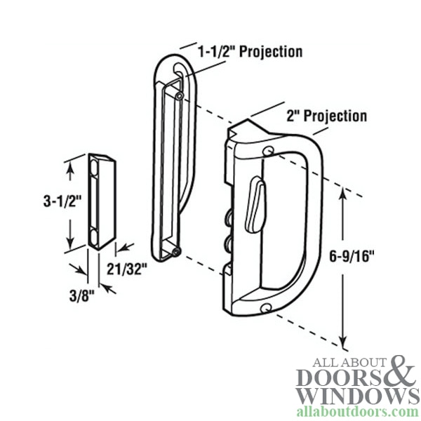 Sliding Patio Door Handle Set in White - Dimensional Drawing