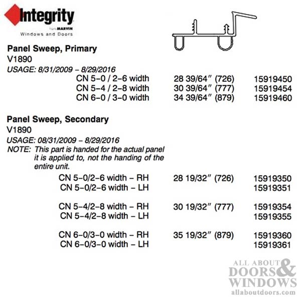 Integrity by Marvin Hinged Door Sweep, V1890 Weatherstrip for Primary 3-0 Door - Part Numbers