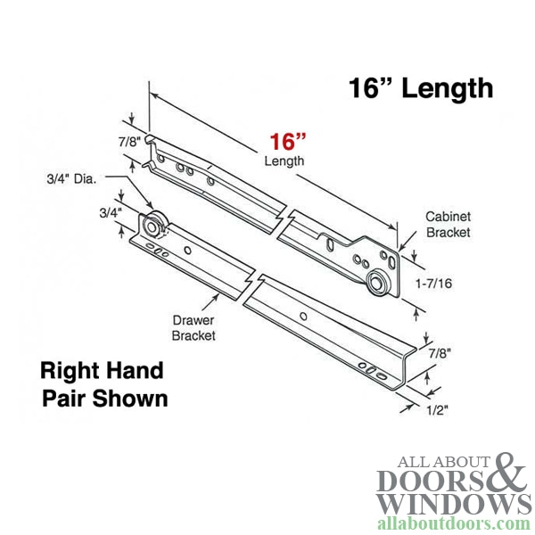 16 Inch Drawer Slide Kit with Powder Coated Steel Track & Nylon Rollers - Dimensions