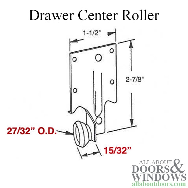 Monorail Drawer Roller Steel Bracket with 7/8 Inch Plastic Roller (Center) - Dimensions