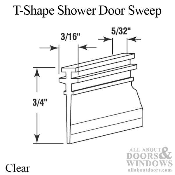 Shower Door Sweep, T-Shaped, 36" length, Clear - Dimension Drawings