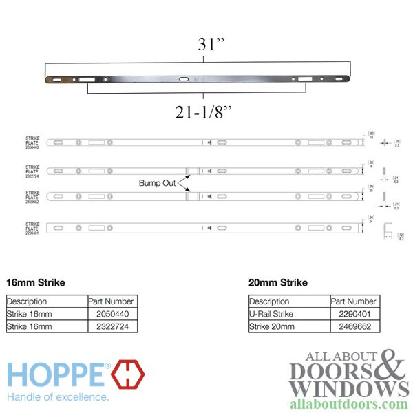 Hoppe 2 Point Sliding Door Lock Strike, 16mm Face, 2.3mm Thick, 30" Length