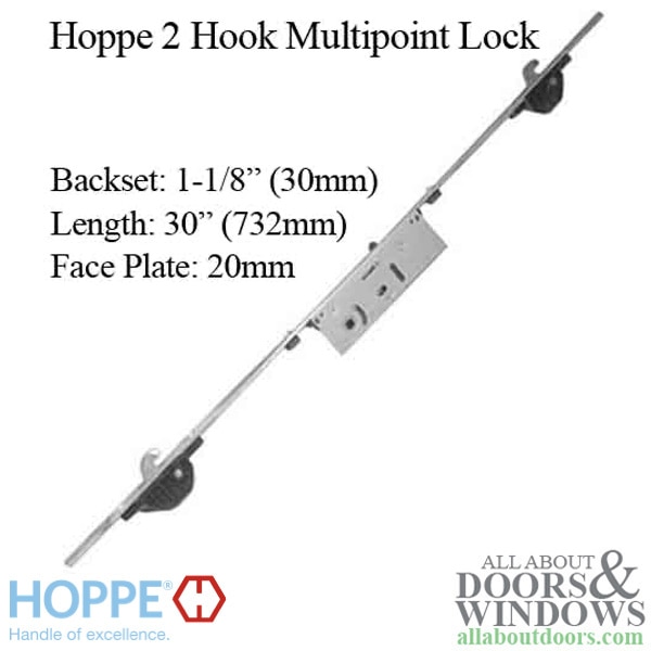 HOPPE multi-point lock with 2 hooks and 30mm sliding door lock with 20mm face