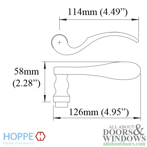 Munchen Lever Handle for Left Handed Multipoint Lock Handlesets - Satin Nickel - Dimensions