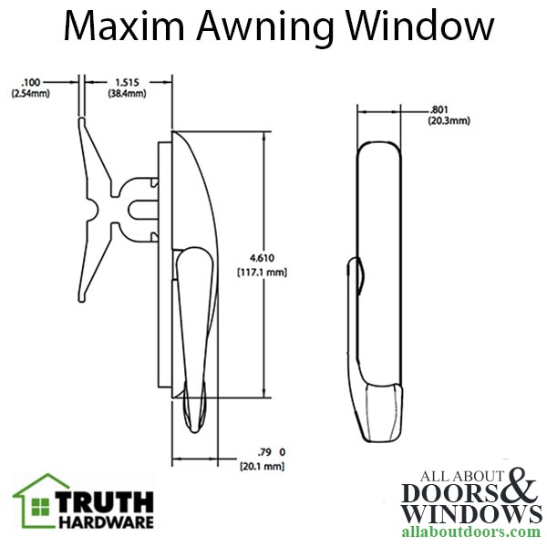 Truth sash lock dimensions – non-handed Maxim awning lock
