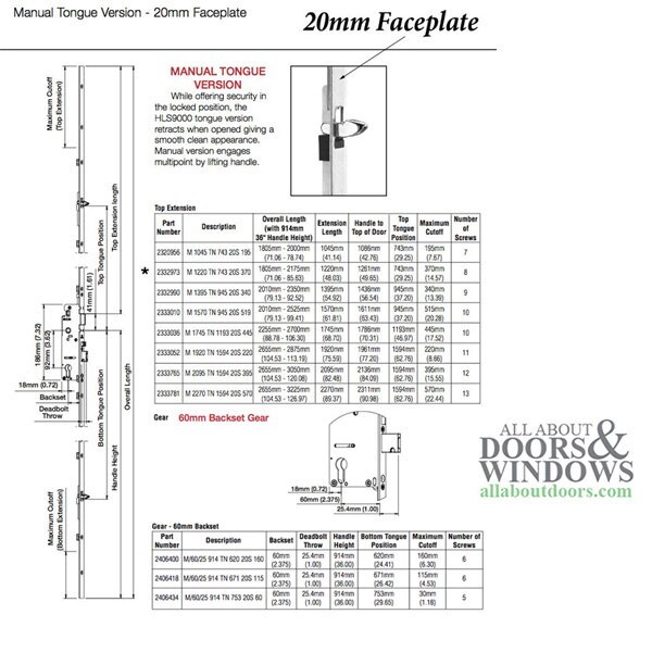 20mm Manual 60/92 Gear, Tongue 24.41 inches, 1-inch Deadbolt, 36-inch Handle Height