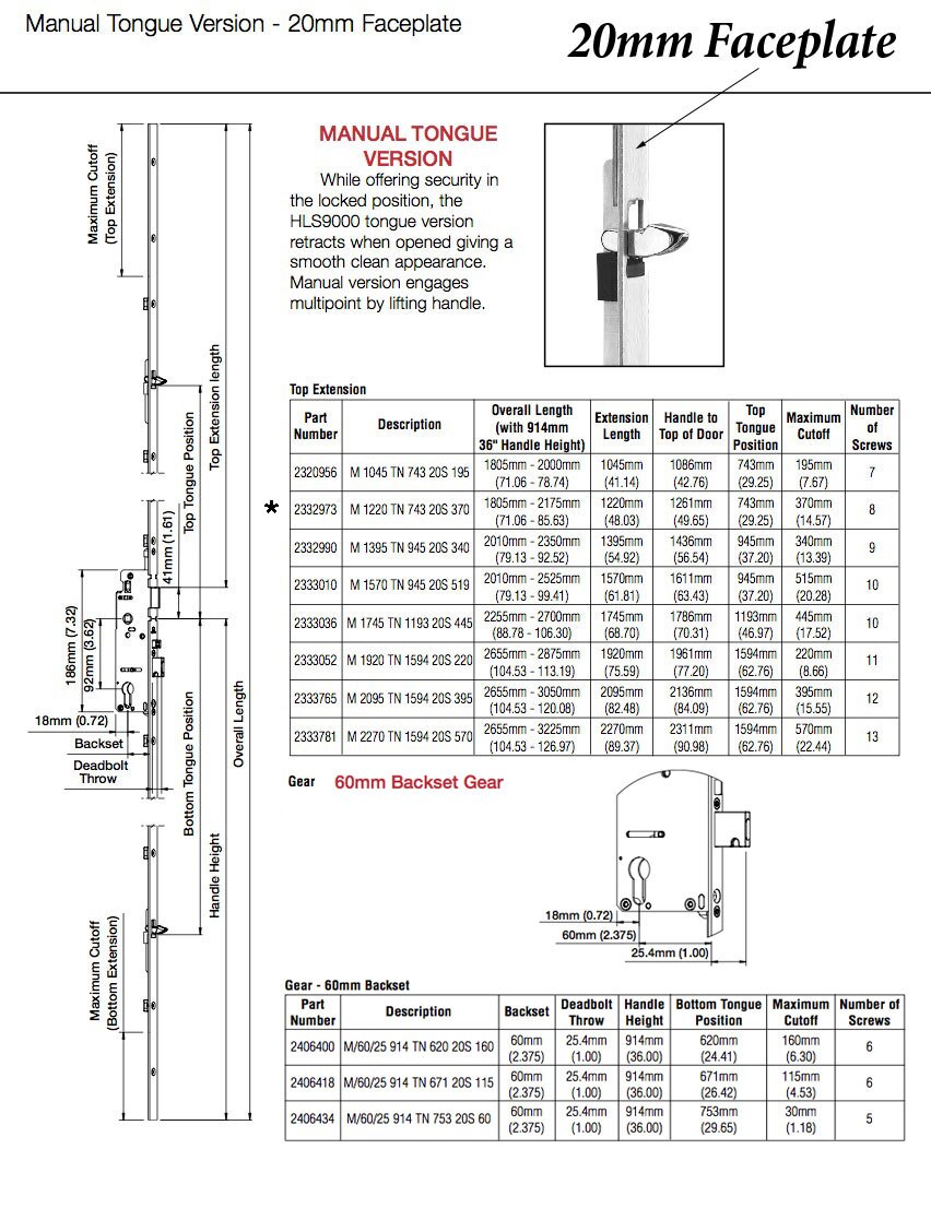 20mm Manual 60/92 Gear, Tongue 26.42", 1" D/B, 36" HHå