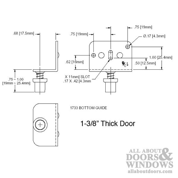 Spring Loaded Side Mount Guide for 1-3/8 Inch Thick Door - Dimensions
