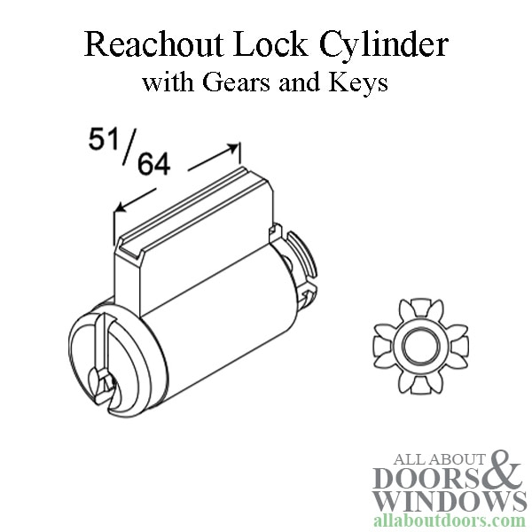 Andersen Reachout Lock Cylinder with Gears and 2 Keys - Dimensions
