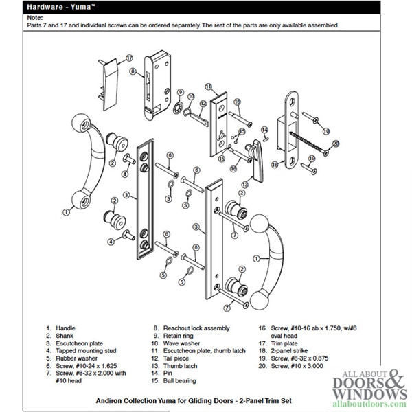 Andersen Yuma Gliding Door Lock Assembly Contents
