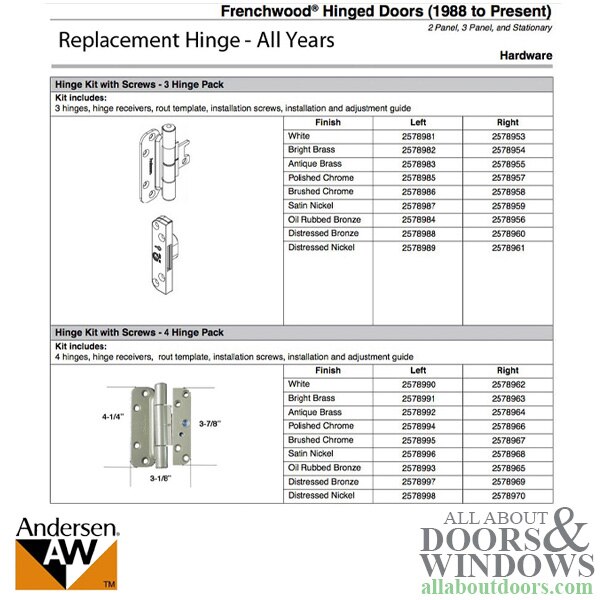 Andersen lefthanded 4hinge kit for 400 series hinged patio doors