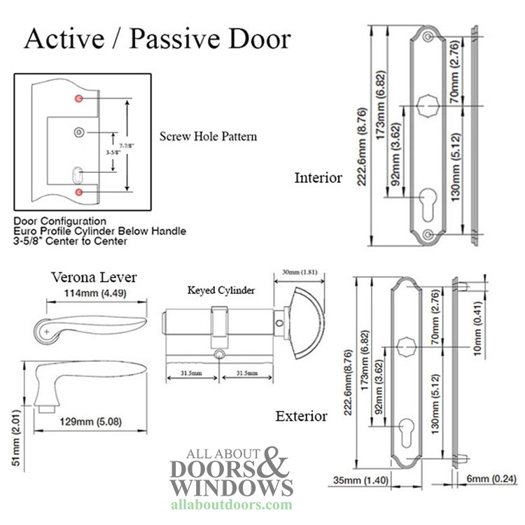 Dimensions for Verona M151/374N Satin Nickel Handle Set