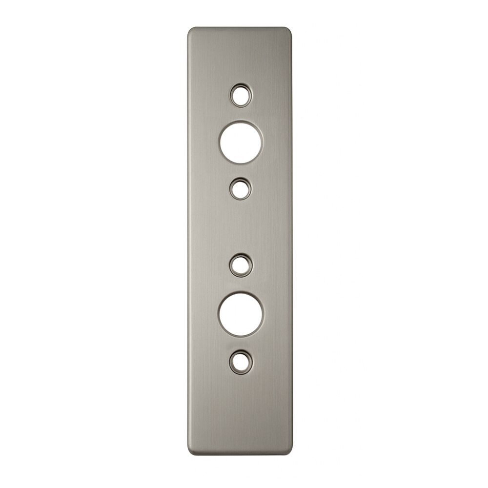 Nickel backplate for storm door hardware, designed to provide a secure and finished mounting surface for handles and latches