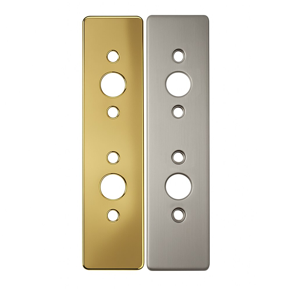 Brass and Nickel Backplates for storm door hardware, designed to provide a secure and finished mounting surface for handles and latches