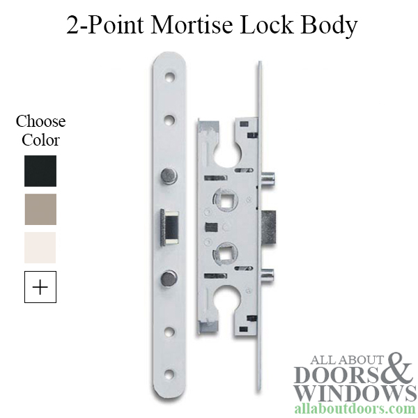 white mortise lock with two round bolts on either side of a deadbolt and pella logo in top left corner