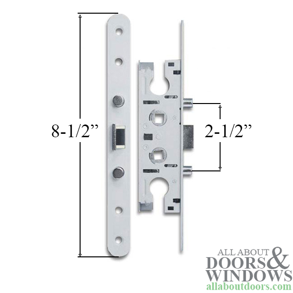 White mortise lock showing overall length of lock 8.5 inches, distance between two bolts is 2.5 inches