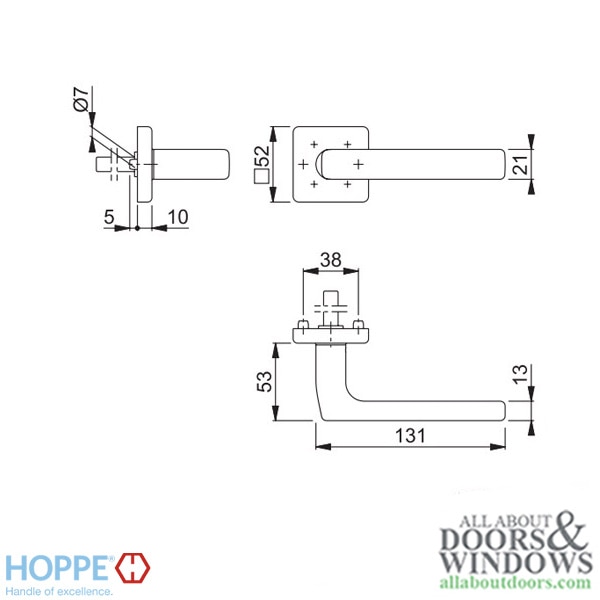 Dimensions of the Hoppe Dallas Half Handle for Interior Entrance Doors