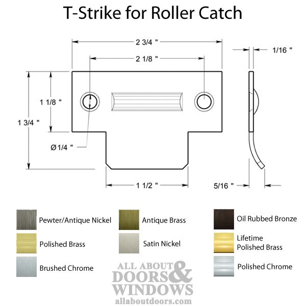 2-3/4" T-Strike for Roller Catch, Solid Brass - Dimensions