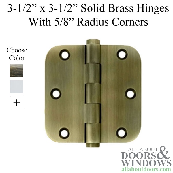 3.5 x 3.5 Inch Solid Brass Door Hinges – 5/8" Radius Corners – Pair – Choose Color