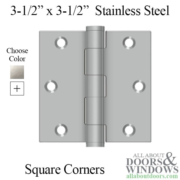 3.5 x 3.5 Inch Stainless Steel Residential Hinges – Square Corners – Pair – Choose Finish