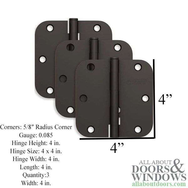 Specs: Schlage 4 x 4 Door Hinge – 5/8 Inch Radius
