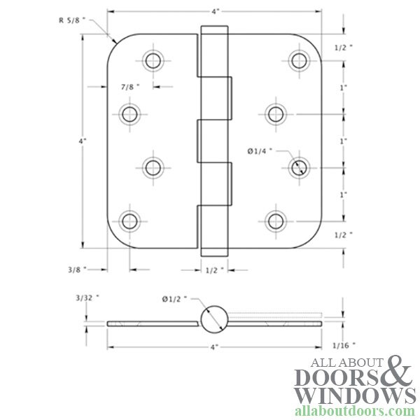 4 x 4 x 5/8" Radius Residential Steel Hinge, Pair