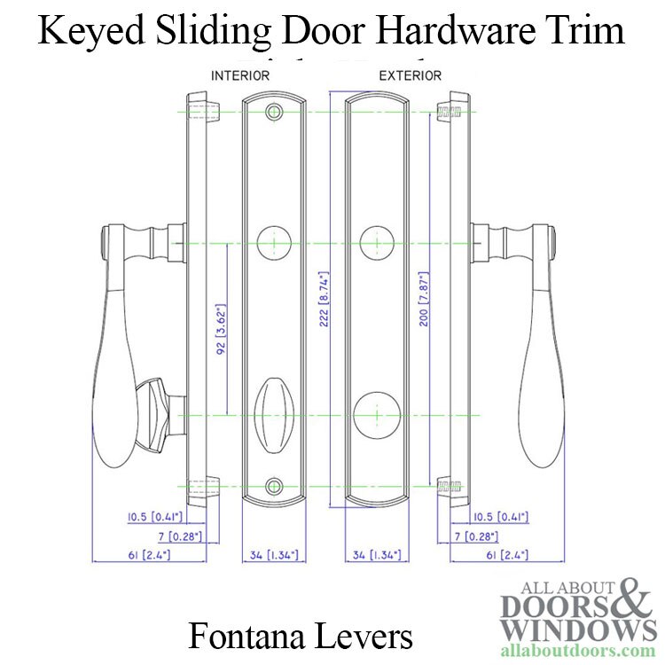 Fontana Style Keyed Entry Sliding Door Handle Set, Right Hand Measurements