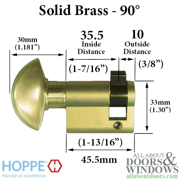 35.5/10 New Style HOPPE Inactive 90° Non-Keyed Profile Cylinder Lock Dimensions
