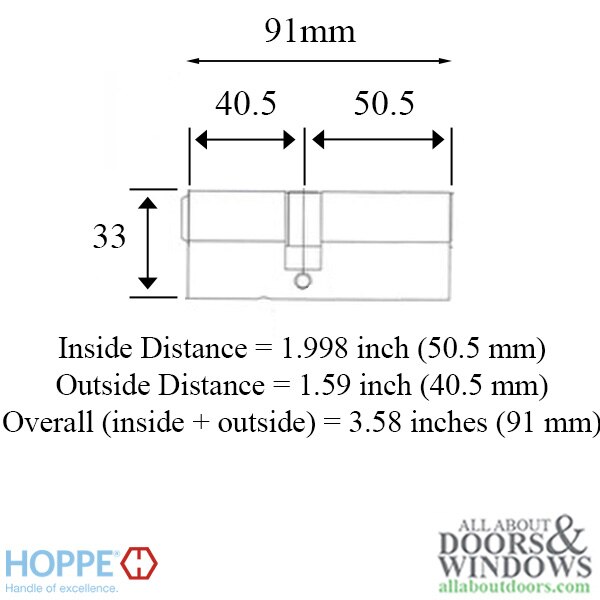 Hoppe Active Euro Non-Logo 90° Keyed Profile Cylinder - Dimensional Drawing