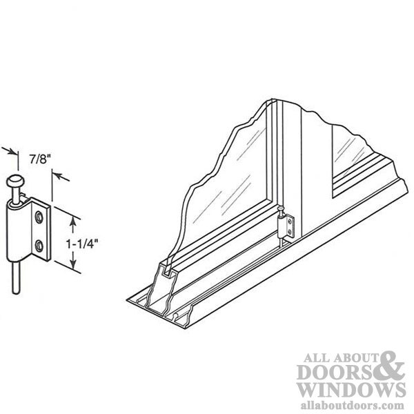 B&W line art: Push-pull window lock (1 1/4in x 7/8in). White, heavy-duty aluminum, hardened steel bolt. Mounts on window frame edge.
