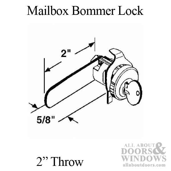Mailbox Bommer Lock, 2" Flat Cam, 90 Degrees CCW - Locked Left - Dimensions