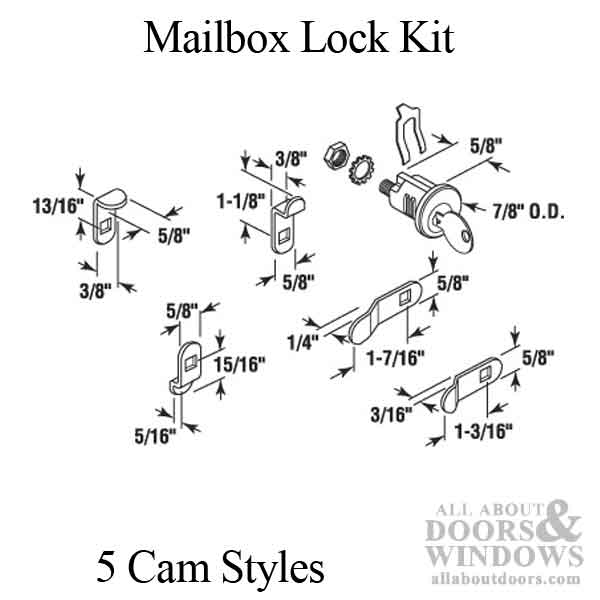 Mailbox Lock Kit with 5 Cam Styles - Dimensions