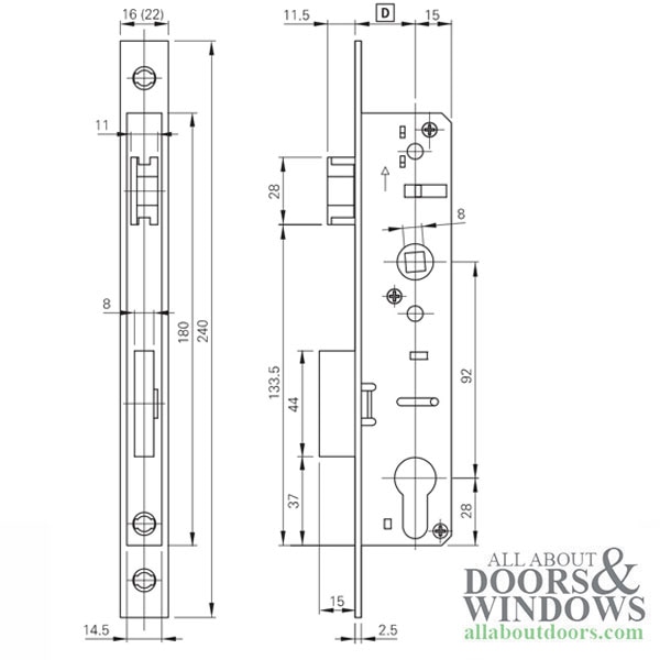 Roto Single Point Mortise Lock 16/25/92, 1" Backset