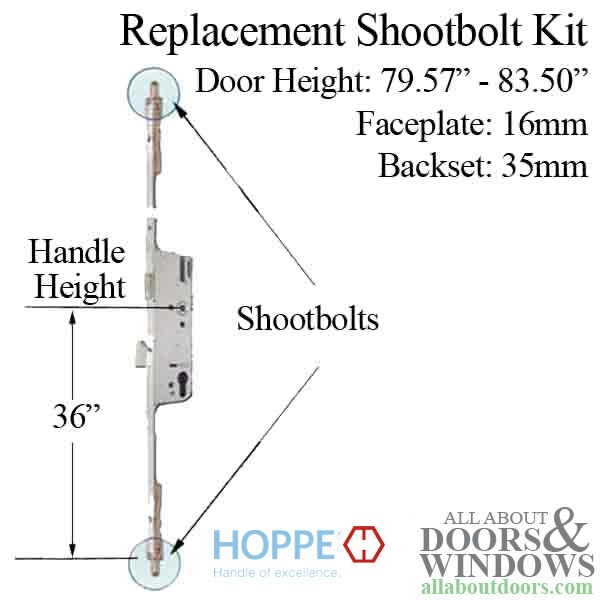 Hoppe 3-point multipoint lock, door heights 79.57 - 83.50", 1-3/8" backset